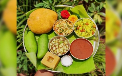 Bowl of Ugadi pachadi with neem and jaggery