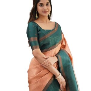 CaraCola Women's Banarasi Style Pure Kanjivaram Silk Jacquard Kanchipuram Pattu Saree With Un-Stiched Blouse, Orange