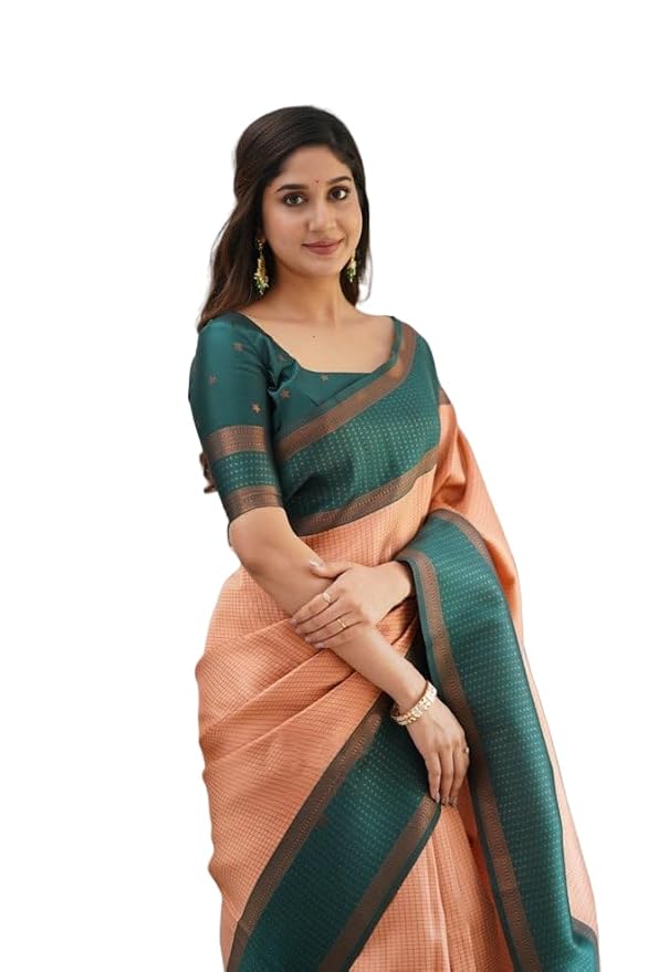 sareep3 CaraCola Women's Banarasi Style Pure Kanjivaram Silk Jacquard Kanchipuram Pattu Saree With Un-Stiched Blouse, Orange