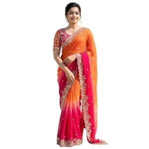 tavasya orange pink fendy satin silk saree with multi sequence embroidery work | heavy embroidered wedding party look saree with running blouse piece