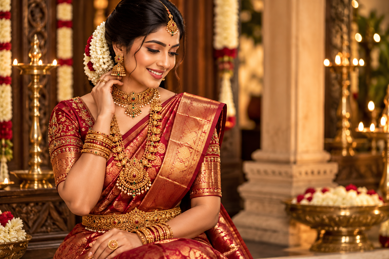 South Indian bride wearing traditional silk saree and bridal jewellery